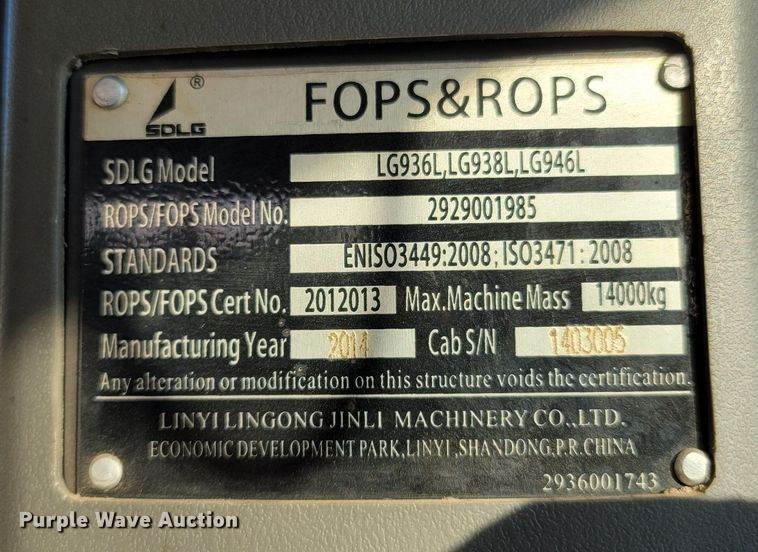 image for item LN9638 2014 SDLG LC938L  wheel loader