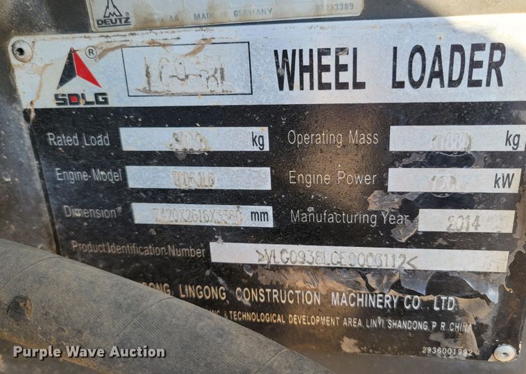 image for item LN9638 2014 SDLG LC938L  wheel loader