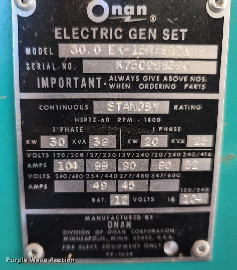 image for item LN9690 Onan 30  generator