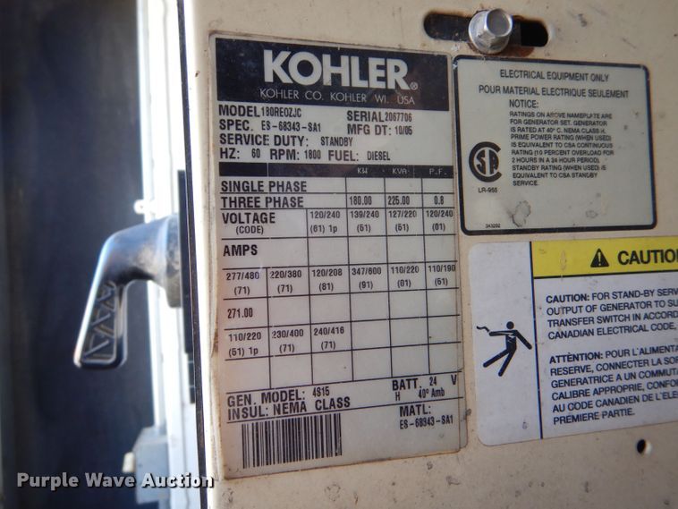 image for item LU9701 2005 Kohler 180REOZJC  generator