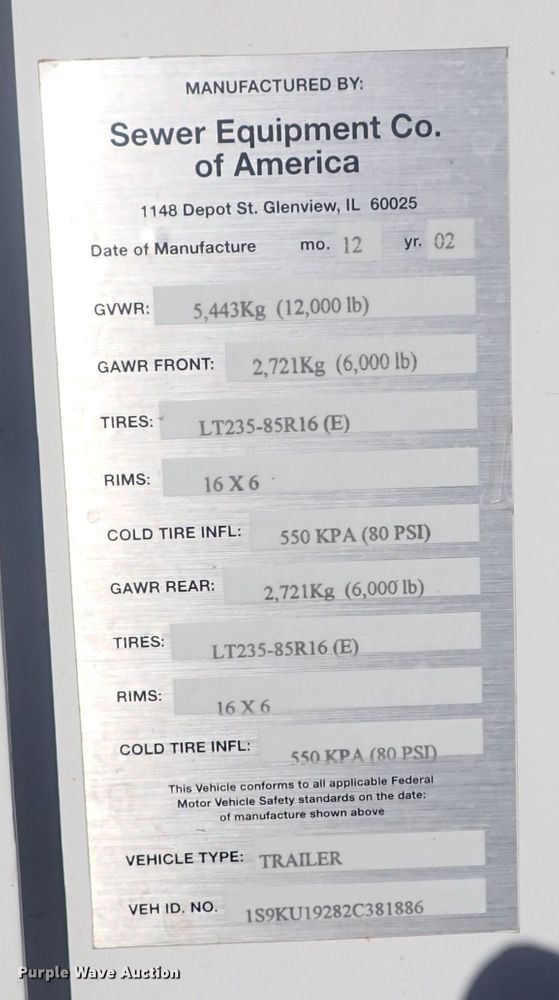 image for item DQ3038 2003 Sewer Equip. Co. of America 747-SP2000  sewer jetter trailer
