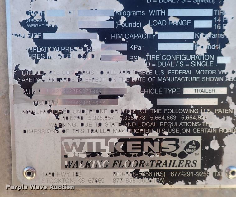 image for item DQ3069 2015 Wilkins 0KRA23PCFSBX  walking floor trailer