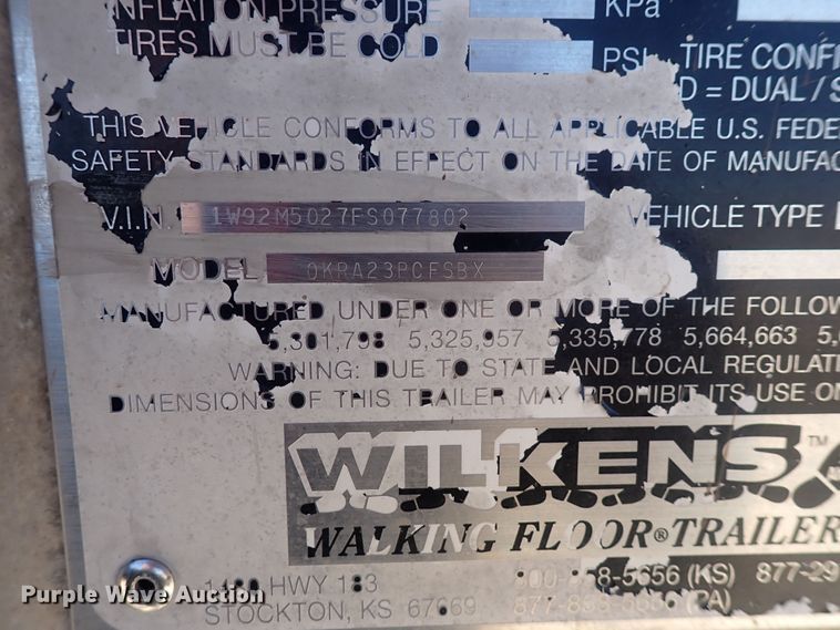 image for item DQ3069 2015 Wilkins 0KRA23PCFSBX  walking floor trailer