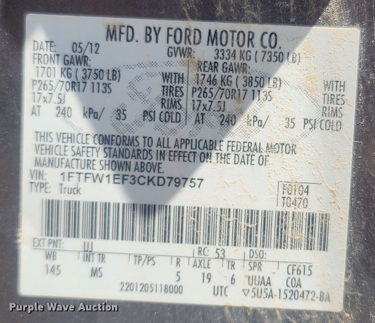image for item LM9663 2012 Ford F150  SuperCrew pickup truck