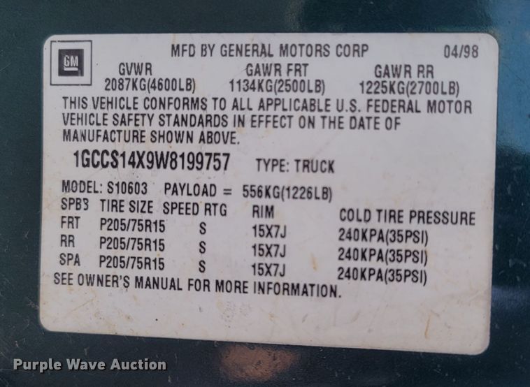 image for item LM9751 1998 Chevrolet S10  pickup truck