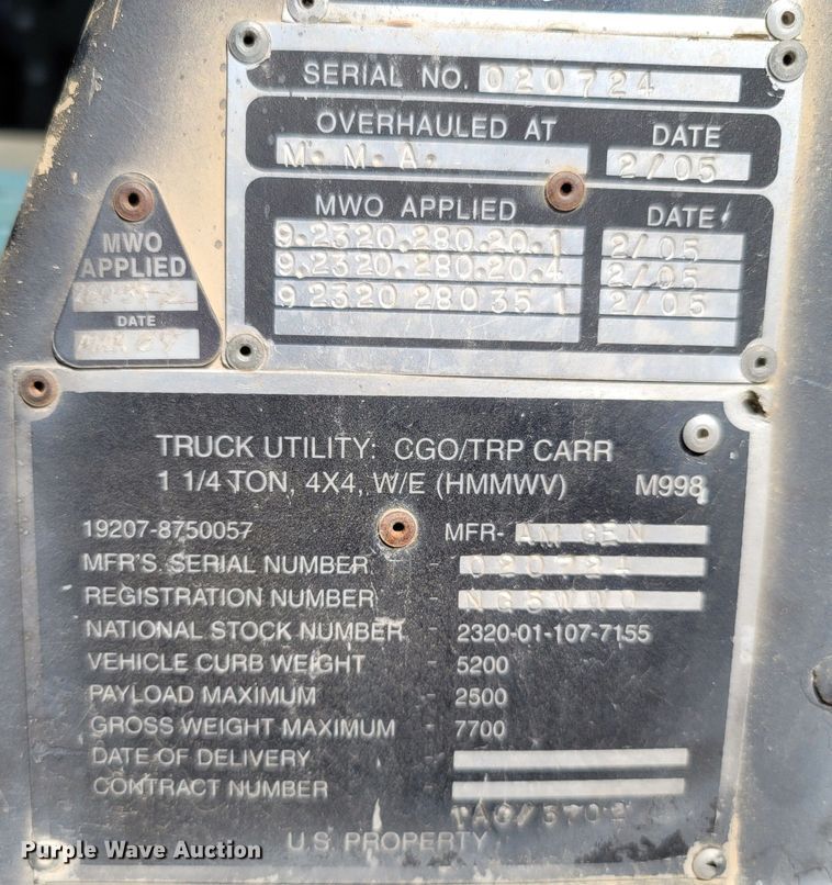 image for item LN9703 1986 Am General M998 Humvee  SUV