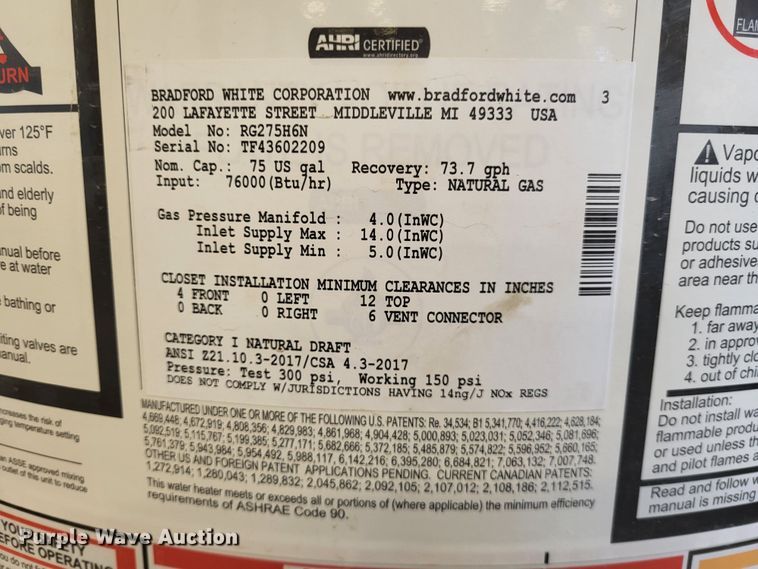 image for item LR9050 Bradford White RG275H6N  water heater