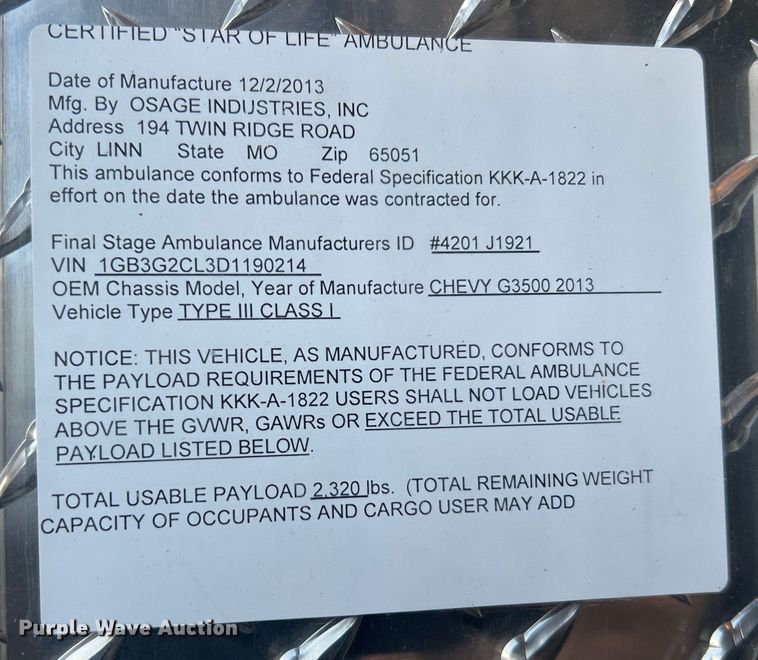 image for item MR9987 2013 Chevrolet Express G3500  ambulance