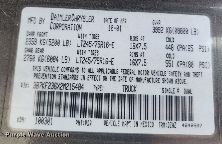 image for item DM4865 2002 Dodge Ram 2500  Quad Cab pickup truck