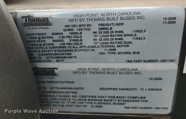 image for item DS1490 2010 Freightliner B2  school bus