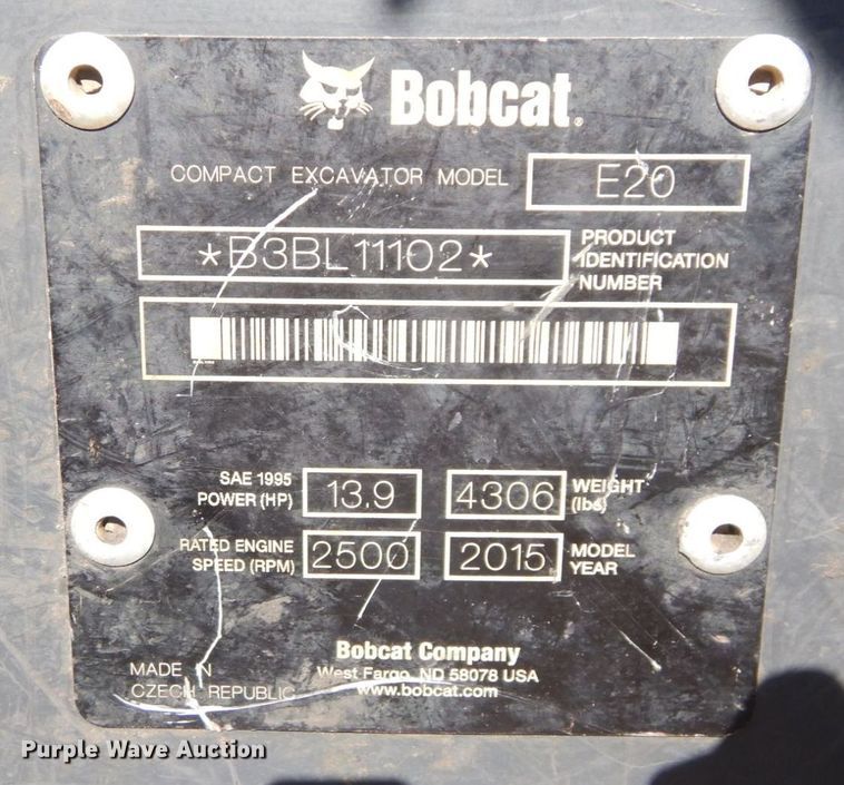 image for item DS1496 2015 Bobcat E20  mini excavator