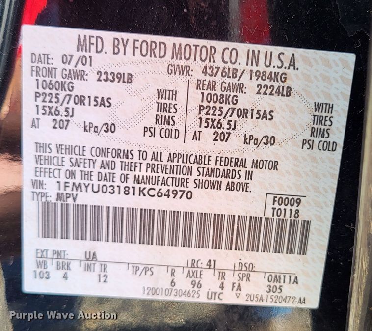 image for item LR9081 2001 Ford Escape XLT  SUV