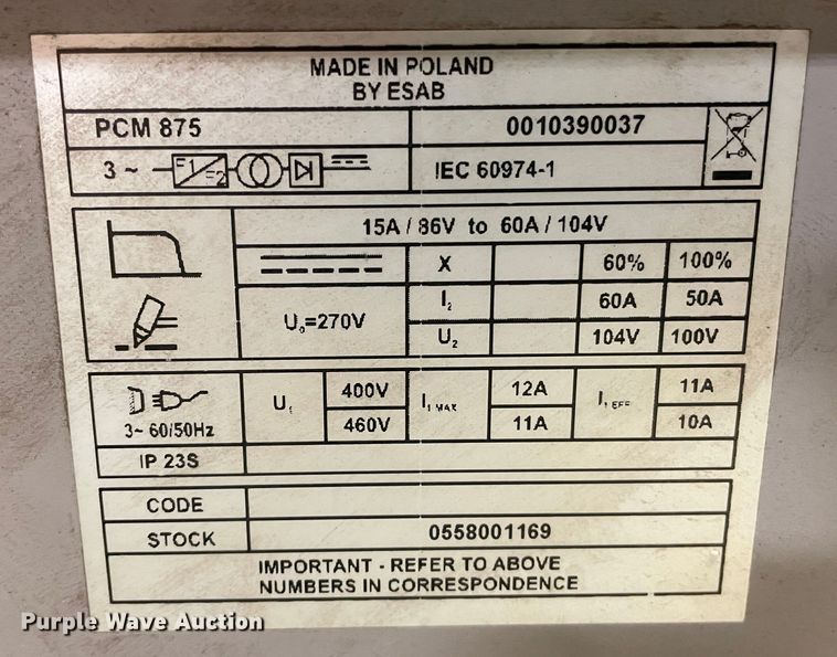 image for item LU9710 Esab PCM 875  plasma cutting system