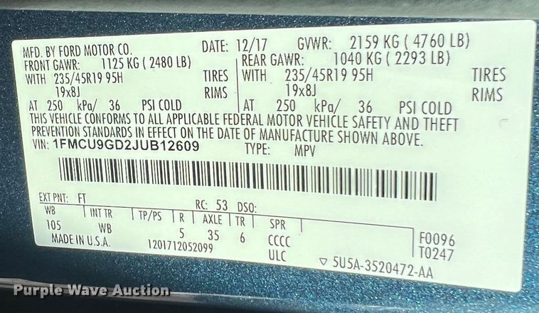 image for item MR9996 2018 Ford Escape SE  SUV