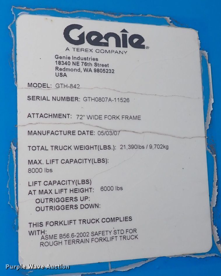 image for item DQ3085 2007 Genie GTH-842  telehandler