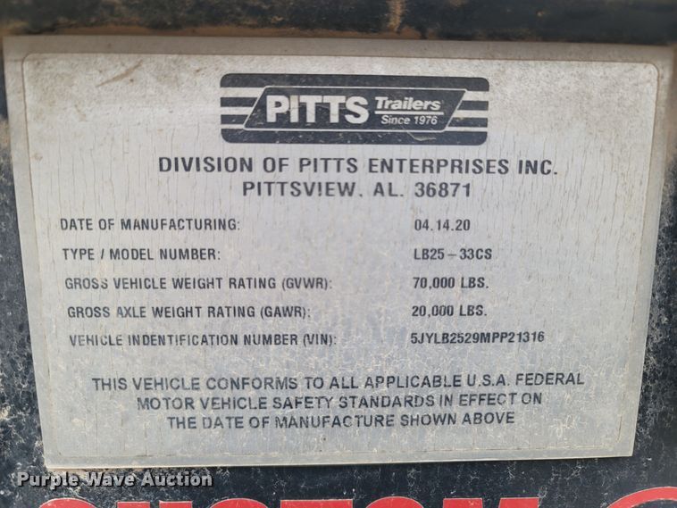 image for item DR3342 2021 Pitts Trailers LB25-33CS  drop deck equipment trailer