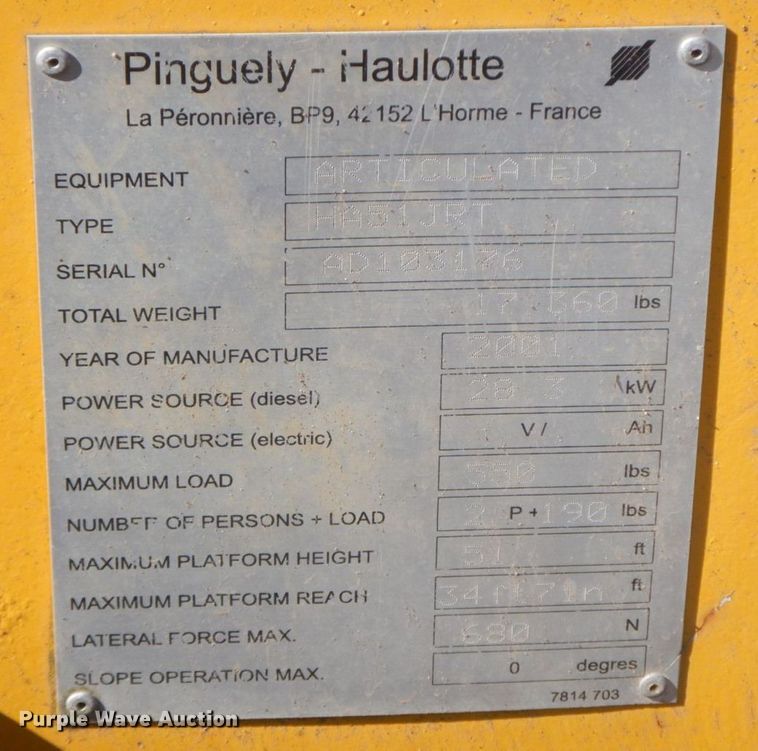 image for item HF9461 2001 Haulotte HA51JRT  boom lift