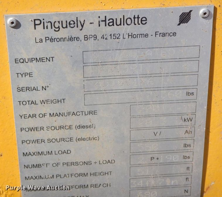 image for item HF9461 2001 Haulotte HA51JRT  boom lift