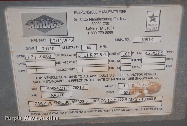 image for item LU9753 2013 Smith Co SX2-42-34  side dump trailer