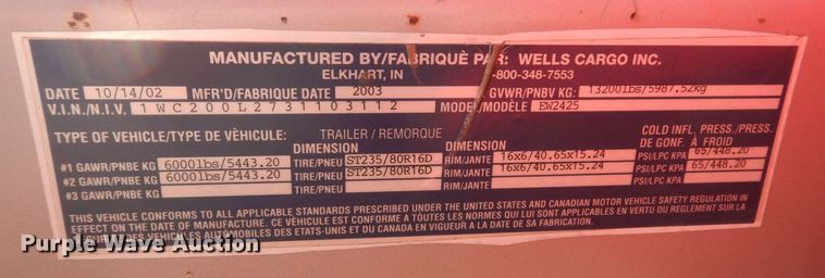 image for item MJ9822 2003 Wells Cargo EW2425  decontamination trailer