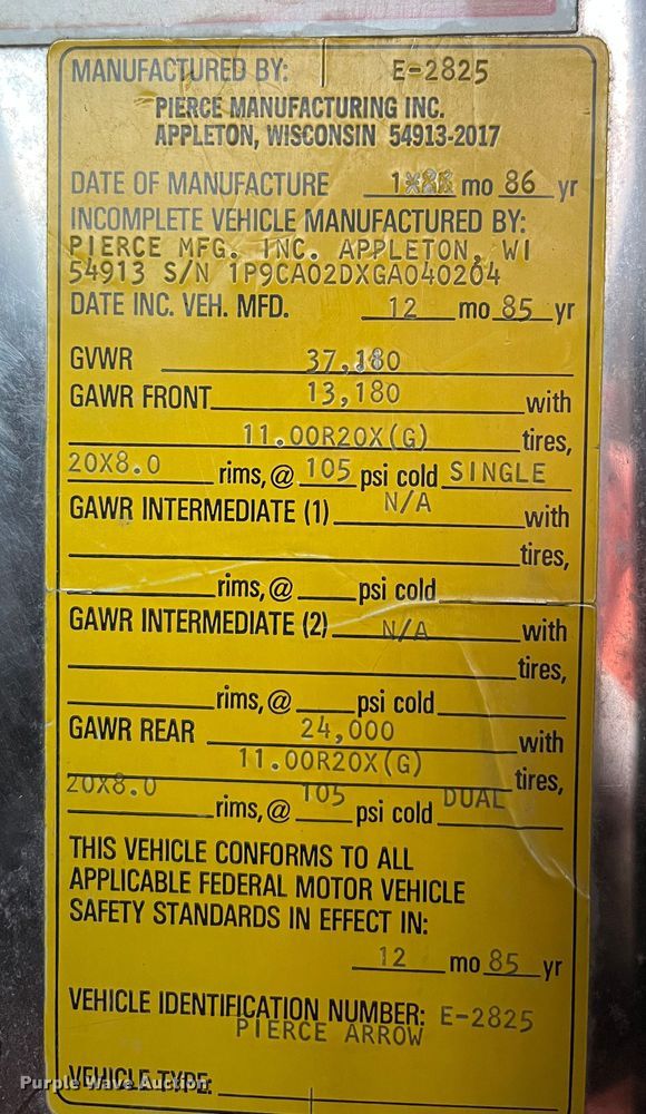 image for item DR7296 1986 Pierce Arrow  pumper fire truck