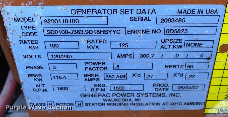 image for item IG9814 2007 Generac 8200110100 generator