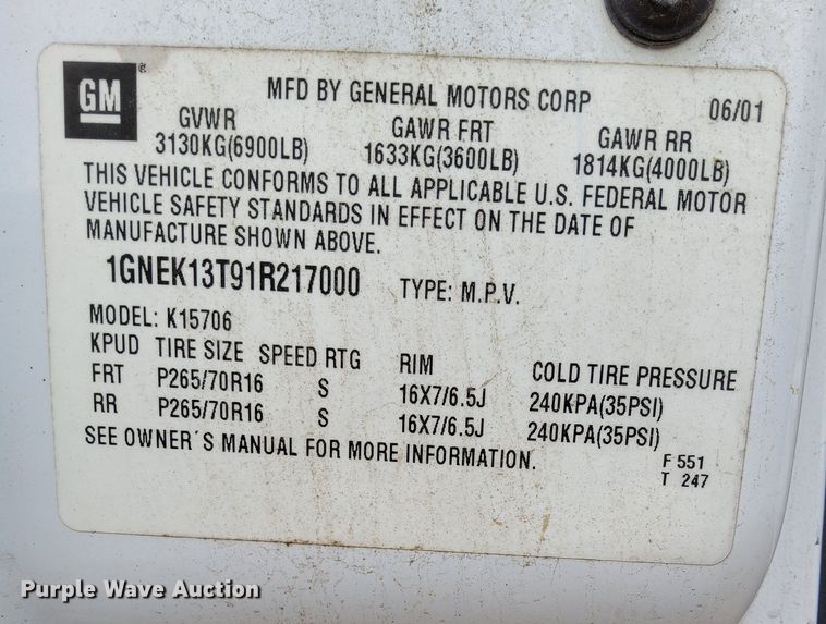image for item MH9867 2001 Chevrolet Tahoe SUV