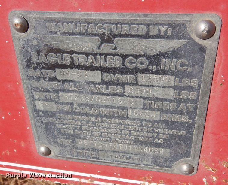 image for item DF8205 2003 Eagle Trailer Co  equipment trailer