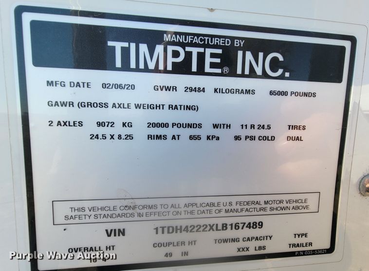 image for item LL9673 2020 Timpte Super Hopper  grain trailer