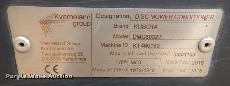 image for item LS9898 2016 Kubota DMC8032T  disc mower