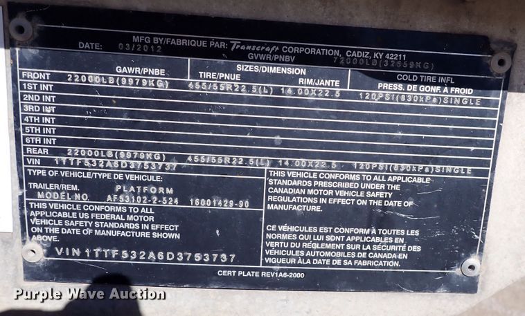 image for item DN6918 2013 Transcraft Benson AF53-102-2-524  flatbed trailer