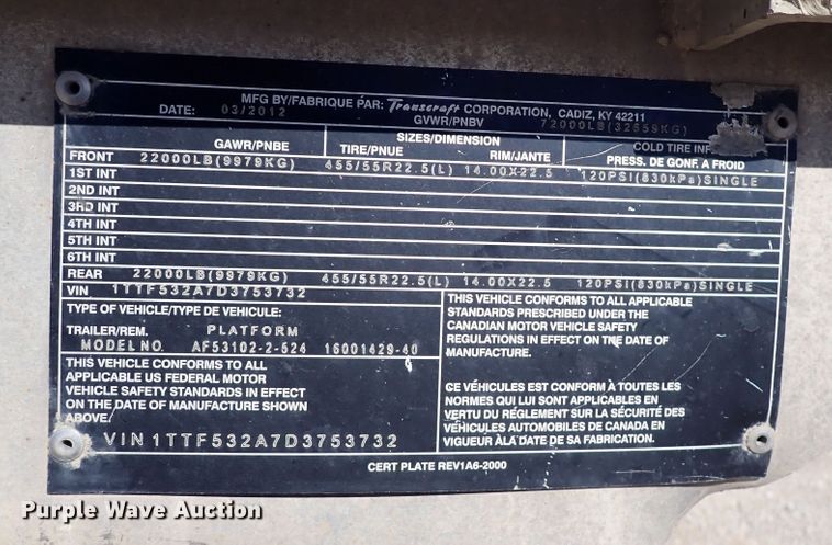 image for item DN6920 2013 Transcraft Benson AF53102-2-524  flatbed trailer