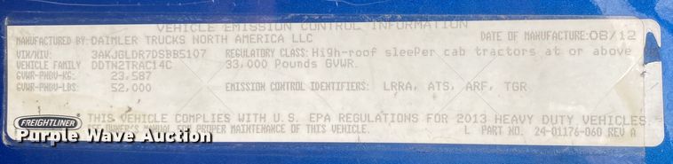 image for item DN8047 2013 Freightliner Cascadia  semi truck