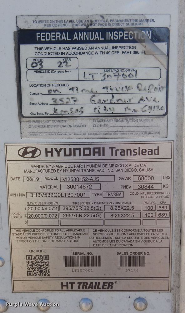image for item JJ9657 2020 Hyundai Translead  dry van trailer