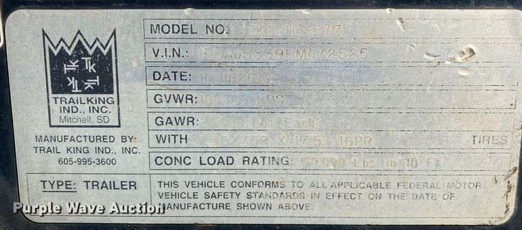 image for item JW9342 2014 Trail King TK80HT-533  drop deck equipment trailer