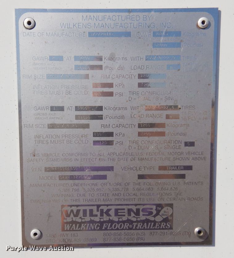 image for item KJ9022 2011 Wilkens 0K2HA32VCFSA  walking floor trailer