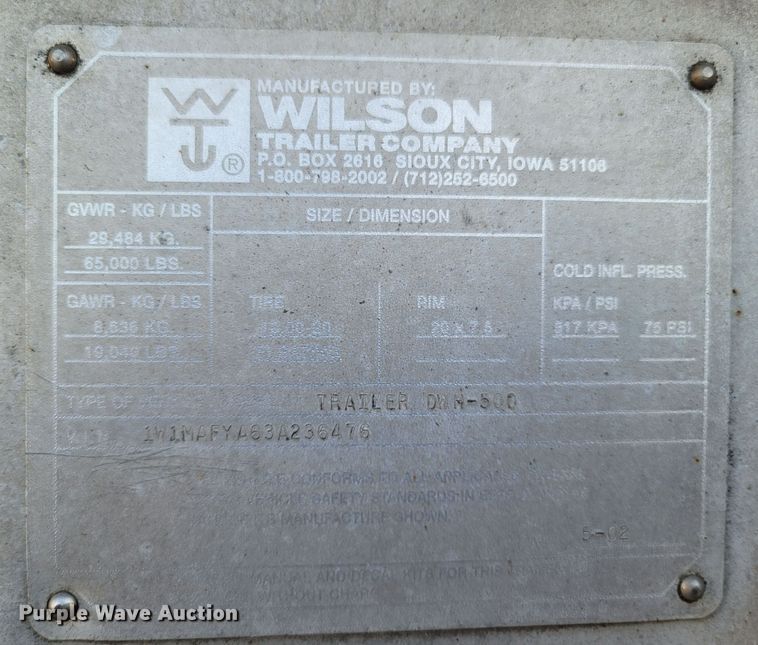 image for item LN9721 2003 Wilson DWH-500  grain trailer