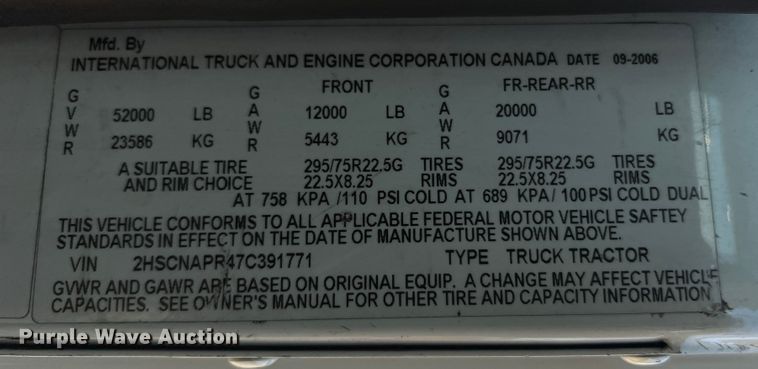 image for item MS9005 2007 International 9400i  semi truck
