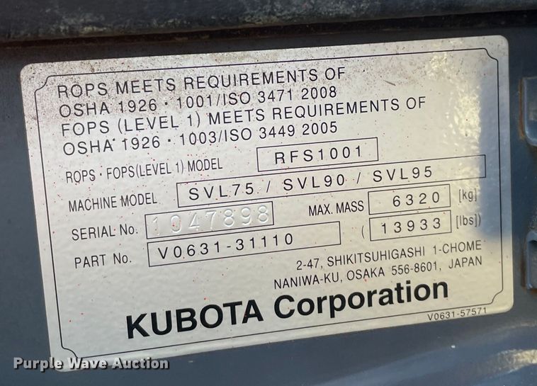 image for item DL0732 2020 Kubota SVL95-2S tracked skid steer loader