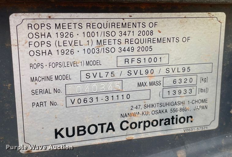 image for item DL0733 2019 Kubota SVL95-2S tracked skid steer loader