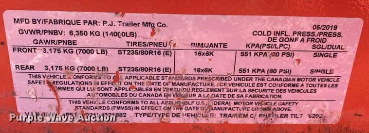 image for item DN7526 2020 PJ T6202  tilt deck utility trailer