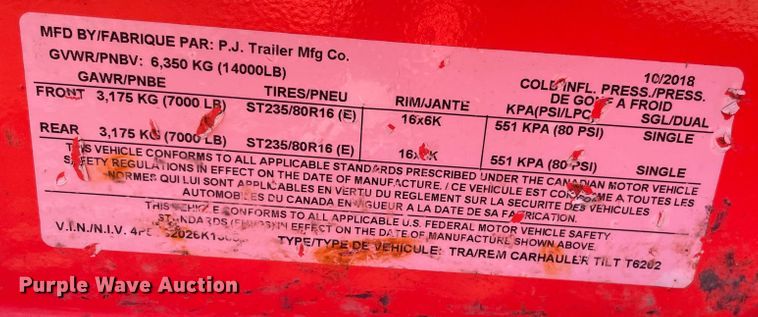 image for item DN7527 2019 PJ 6202 tilt deck utility trailer