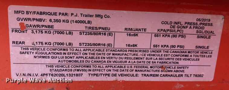 image for item DN7528 2020 PJ T6202 tilt deck utility trailer