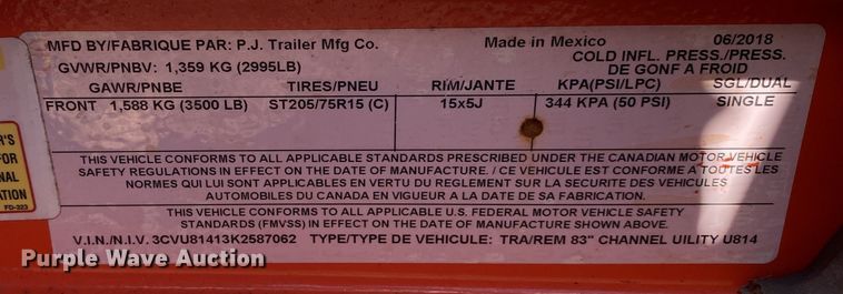 image for item DN7531 2019 PJ U8141  utility trailer