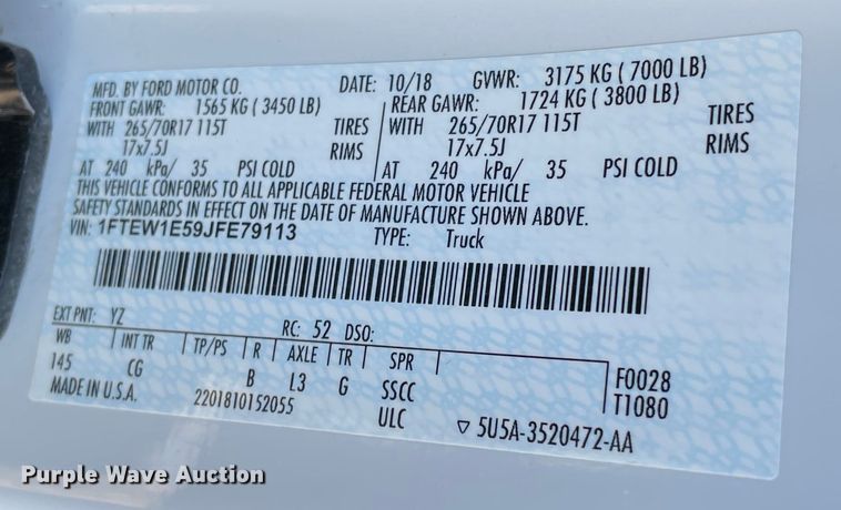 image for item MI9541 2018 Ford F150  SuperCrew pickup truck