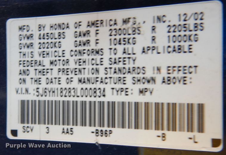 image for item DI6880 2003 Honda Element  SUV