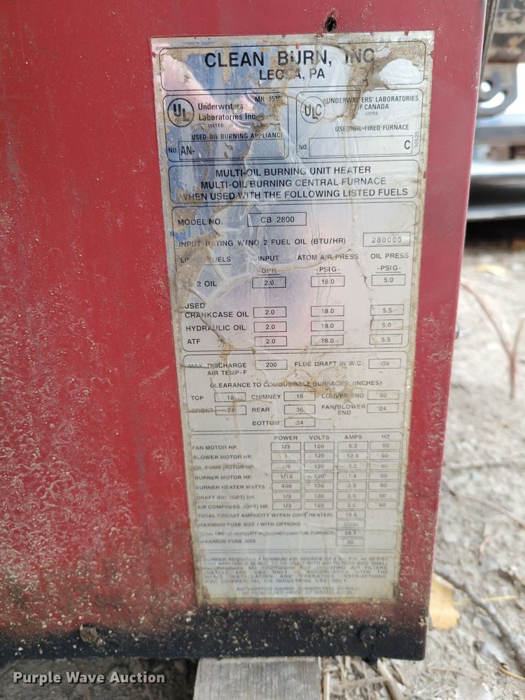 image for item DM8113 Clean Burn CB2800  oil burning furnace