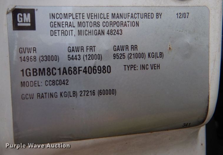 image for item DO1618 2008 Chevrolet C8500  truck cab and chassis