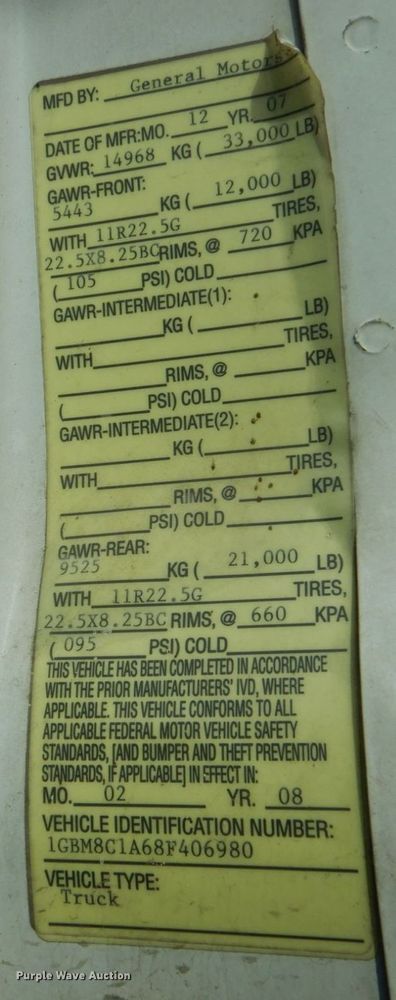 image for item DO1618 2008 Chevrolet C8500  truck cab and chassis