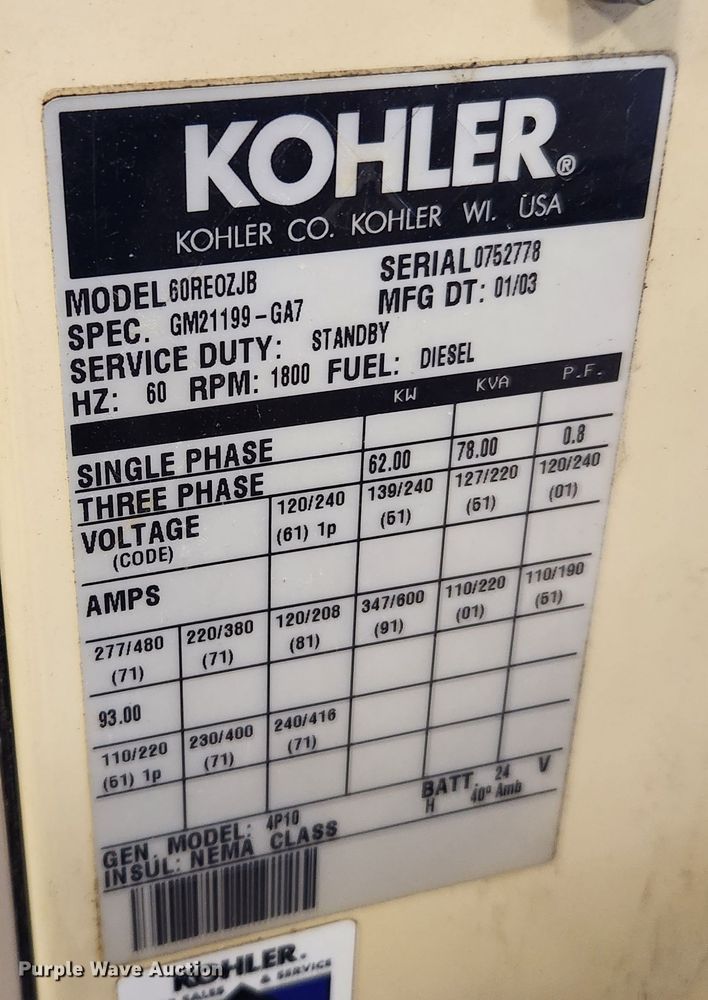 image for item JB9786 2003 Kohler 60  generator